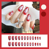 24pcs Rose Pattern Red Wine False Nail Fake Nails Coffin Glossy Press On Nails False Girls Ballerina full cover Fingernails Tips