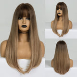 Long Straight Synthetic Wigs Ombre Brown Gray Wig with Bangs for Women Cosplay Lolita Daily Party Heat Resistant Fiber