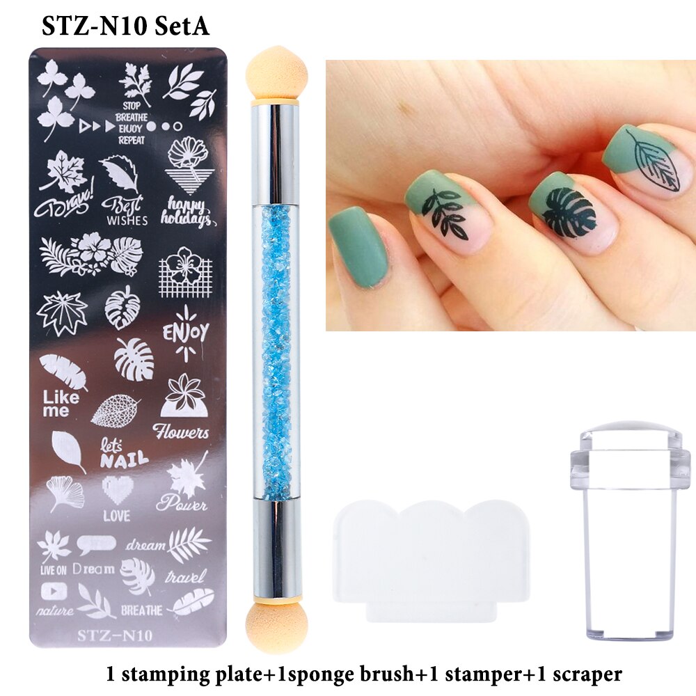 4pcs Nail Stamping Plates Kit Leaf Dandelion Spring Nail Stencil Silicone Stamper Sponge Brush Nail Art Design GLSTZN01-12-2