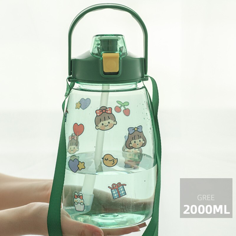 back to school New High Capacity Cute Plastic Water Bottle With Straw Strap Portable Travel Tumbler Girls Child Kawaii Cup Drinks Mugs BPA Free