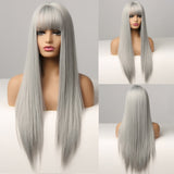 Long Straight Synthetic Wigs Ombre Brown Gray Wig with Bangs for Women Cosplay Lolita Daily Party Heat Resistant Fiber