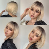 Back to School Short Straight Ombre Brown Blonde Bob Wig With Bangs Synthetic Hair Wig For Women Cosplay Lolita Heat Resistant Fiber