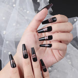 24Pcs/Set Long Coffin Flame Design False Nail Women French Black Full Cover Fake Nails with Glue Bow Glitter DIY Manicure Art