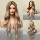 Xpoko Long Wavy Ombre Brown Blonde Highlight Synthetic Wigs For Women Afro Natural Middle Part Cosplay Heat Resistant Hair Wigs