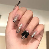 24pc Fake Nails Long Black Small Flower Wave Dot Butterfly Nail Stickers Manicure Patch Wearable Coffin False Nail With Glue