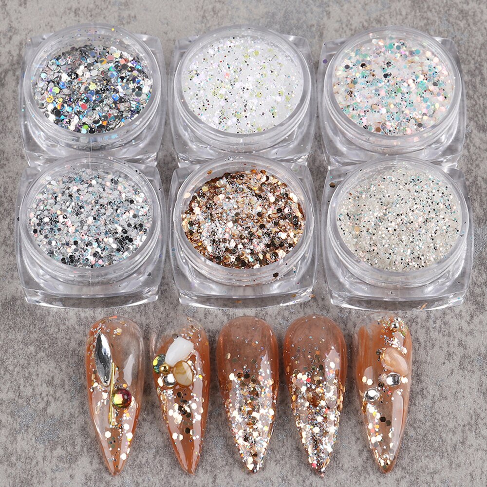6pcs Mixed Nail Glitter Kit Champagne Hexagon Sequin Holographic Nail Powder Set White Dipping Dust Manicure Flakes GL1539-27