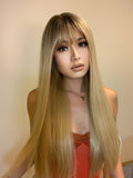 Ombre Brown Blonde Golden Synthetic Wig with Bangs Natural Long Straight Cosplay Wigs for Women High Temperature Fake Hair