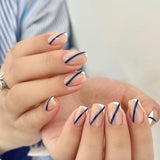 24pcs Blue Waves Printed False Nail Patch Glue Type Removable Long Paragraph Fashion Manicure Coffin Fake Nail Ballerina Art