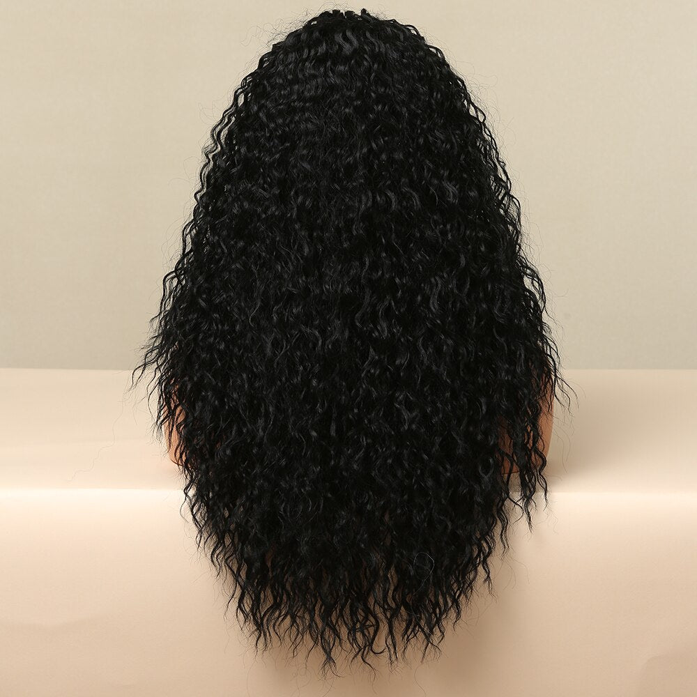 Long Deep Kinky Curly Lace Front Synthetic Wig For Black Women Afro Cosplay Party Daily Natural Middle Part Black Lace Wig