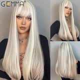 GEMMA Cosplay Long Natural Wavy Synthetic Wig Platinum Blonde Wigs with Bangs for Women Lolita Daily Party Heat Resistant Fibre