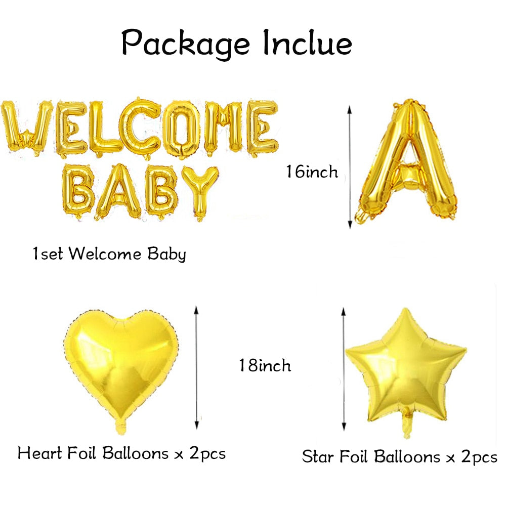 1set 16inch Welcome Baby Letter Balloons Banner Bunting With 18inch Star Heart Balloons Baby Shower Birthday Party Decorations
