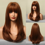 Medium Straight Bob Synthetic Wigs with Bangs Ombre Black Dark Brown Honey Highlight Wigs for Women Heat Resistant Hair