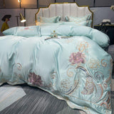 Solid Color Floral Embroidery Bedding Bed Skirt Set Blue Cotton Satin Duvet Cover Bed Sheet Bedspread Pillowcases Home Textile