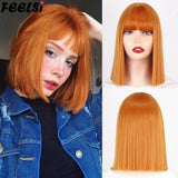 Back to School Short Bob Pink Straight Wig Have Bangs For Women Daily Use Synthetic Black Ombre Gold To Hair For Lolita Cosplay Party