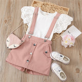 Summer Girl Clothes Set Hollow Flying Sleeve O-neck Top + Suspender Shorts 2Pcs Casual Kids Set For 1-6 Year Old Girls