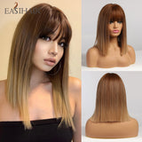 Xpoko EASIHAIR Shoulder Length Bobo Synthetic Wig With Bang Ombre Mixed Brown Blonde Wigs For Women Heat Resistant Hair Natural Soft