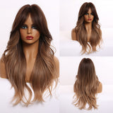 Long Water Wavy Synthetic Wigs Omber Chocolate Brown Blonde Cosplay Wig with Bangs for Women Heat Resistant Fiber Hair