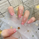 24pc Fake Nails Cow Pattern Short Wear-Resistant Nail Stickers Finished Manicure Patch Coffin False Nail With Glue Ballerina Art