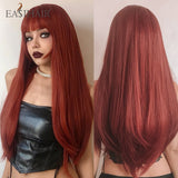 Xpoko EASIHAIR Long Straight Wine Red Synthetic Wigs With Bang For Women Heat Resistant Natural Hair For Daily Halloween Cosplay Party