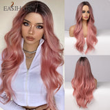 Xpoko EASIHAIR Ombre Brown Mixed Purple Blonde Long Synthetic Wave Wigs For Women Heat Resistant Colorful Fiber Cosplay Lolita Wigs