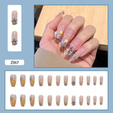 24pcs Gradient Cherry False Nails Tips Coffin Press On Nail with Butterfly Print Design Girl DIY Nail Patch Removable Fake Nails