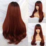 Long Wavy Synthetic Wigs with Bangs Ombre Dark Brown  Cosplay Hair Wigs for Women African American Heat Resistant Fibre