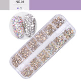 12 Grids Colorful Crystal Nail Art Rhinestones Acrylic Nail Stones Beads Studs Flat Back Glitter Tips 3D Nails Art Decorations