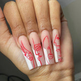 JP1436 Press on Nude French Nails XL Long Length Abstract Face Design