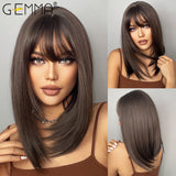 Dark Brown BoBo Synthetic Wig with Bangs Shoulder Length Straight Wig for Women Cosplay Daily Hair Wig Heat Resistant Fibr