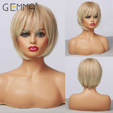 Short Straight Mixed Brown Blonde Synthetic Wigs with Side Bangs for Women Daily Party Bob Hair High Tempearture Fiber