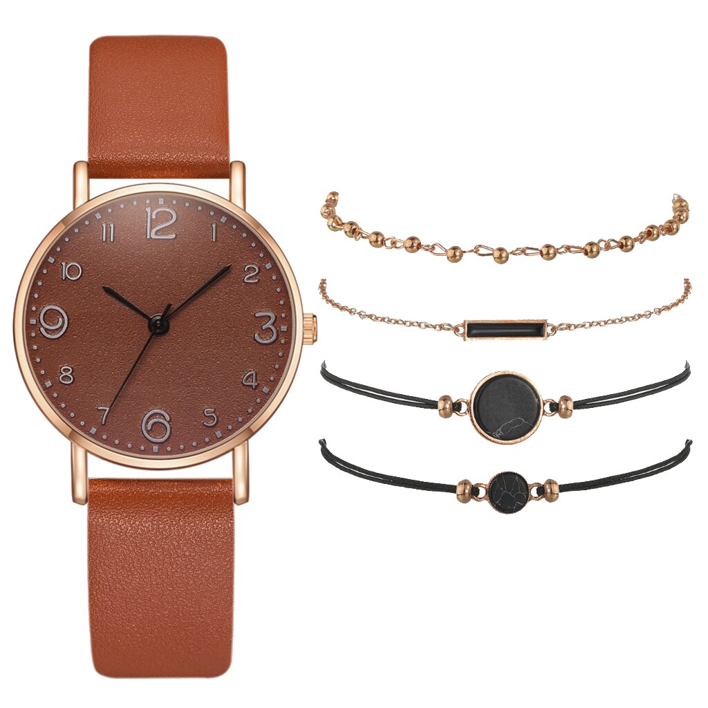 2021 Woman Watch Set 5 pcs Quartz Leather Female Wristwatches Simple Roman Ladies Watches Gift Casual relogio feminino