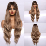 Long Water Wave Synthetic Wigs with Bangs Natural Black Dark Brown Cosplay Daily Heat Resistant Hair Wigs for Women Afro