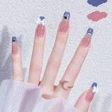 24pcs Blue Waves Printed False Nail Patch Glue Type Removable Long Paragraph Fashion Manicure Coffin Fake Nail Ballerina Art