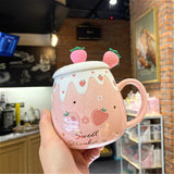 Xpoko Strawberry Coffee Mug Cup Lovely Ceramic Mug With Lid Spoon Creative Milk Coffee Cup Kitchen Drinkware Mugs Girls Water Cups