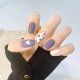 24pcs False Nails Ballet Purple Leopard Print Mid-length Coffin Paragraph Press on Long Ballerina Women Manicure Patch Wearable