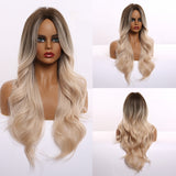 Synthetic Wigs Long Body Wave Ombre Brown Wigs for Black Women Afro Natural Middle Part Cosplay Hair Heat Resistant Fiber