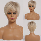 Short Straight Mixed Brown Blonde Synthetic Wigs with Side Bangs for Women Daily Party Bob Hair High Tempearture Fiber