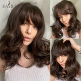 Xpoko EASIHAIR Shoulder Length Synthetic Wave Wig With Bang Dark Brown Wavy Curly Hair Wigs For Women Heat Resistant Daily Cosplay