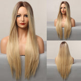 Long Straight Natural Middle Part Wig Ombre Brown Blonde Golden Heat Resistant Synthetic Wigs for Women Cosplay Party Hair