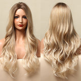 Long Wavy Ombre Blonde White Synthetic Wigs for Women Cosplay Daily Party Middle Part Hair Wigs High Temperature Fiber