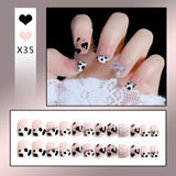 24pcs Black Temperament Short Simple Acrylic Fake Nails With Glue Star Bear Bow DIY Art Manicure Pearl Decal False Nails