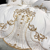 Golden Embroidery Satin Duvet Cover Set Lace Princess White Bedding Solid Color Bedspread Bed Skirt Sheet Pillowcases Luxury