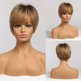 Back to School Short Straight Ombre Brown Blonde Bob Wig With Bangs Synthetic Hair Wig For Women Cosplay Lolita Heat Resistant Fiber