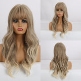 Long Water Wavy Synthetic Wigs with Bangs Natural Wave Dark Brown Cosplay Hair Wig for Women African Heat Resistant Fiber