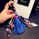 Back to School Leather Tassel Satin Silk Scarves Keychain Bowknot Scarf Pendant Car Purse Bag Keyring Holder Handbag Key Ring Chains Girls