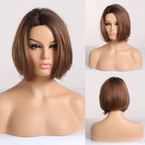 Short Straight Mixed Brown Blonde Synthetic Wigs with Side Bangs for Women Daily Party Bob Hair High Tempearture Fiber