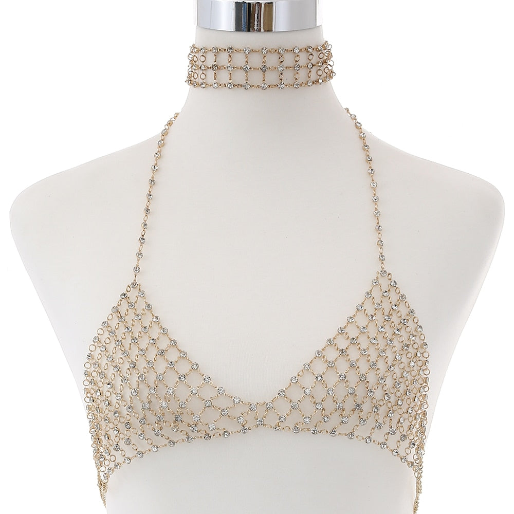 Xpoko Sexy Bra Chain With Rhinestone Crystal Luxury Jewellery Chest Chains Body Accessories Festival Jewelry