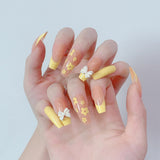 24pcs Yellow Flower Fake Nail Tips Bow Daisy Long Ballet False Nails with Glue French Full Cover Press Nail Accessories Tips