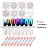 7pc Pearl Nail Glitter Brush Set Rub Dipping Powder for Nails Manicure Holographic Mirror Mermaid Gold Blue Nail Dust GLB01-07-1