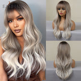 Xpoko EASIHAIR Ombre Gray Ash Wavy Wigs With Bang Light Blonde Platinum Synthetic Long Hair For Women Daily Party Heat Resistant Fiber